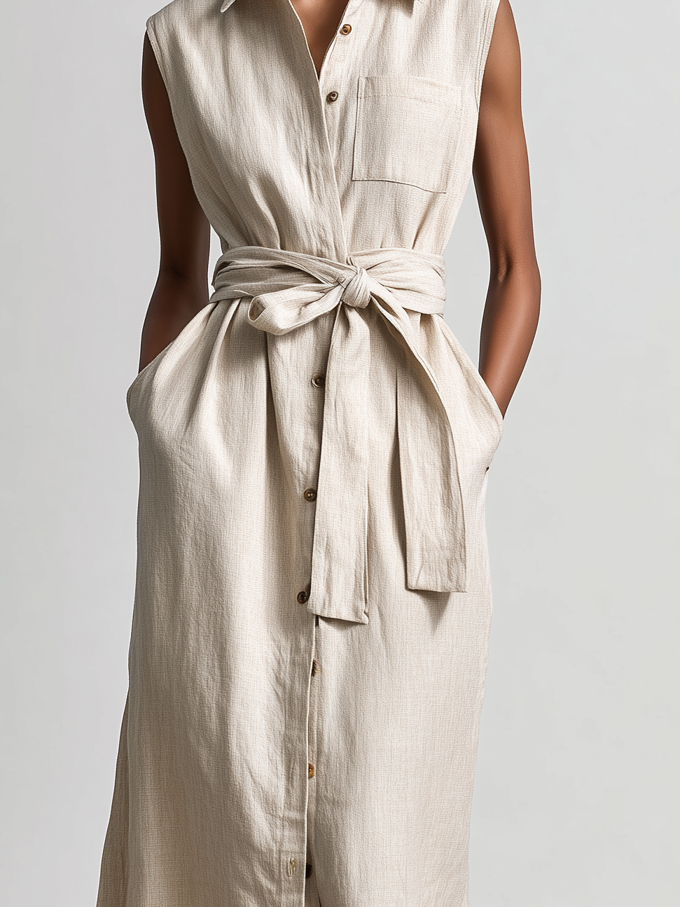 Women's Elegant, Natural-colored Cotton And Linen Blend Sleeveless Shirt-collar Midi Dress MDZ1579A0AN