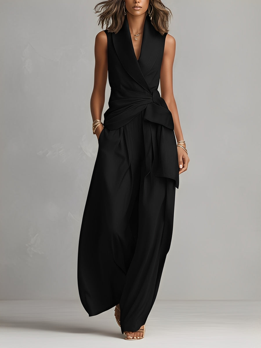 Women's Jet Black Structured Jumpsuit With Wide-Leg Pants & Side Pockets, Modern Bold-Elegant Style Jumpsuit MDZ1406A4I