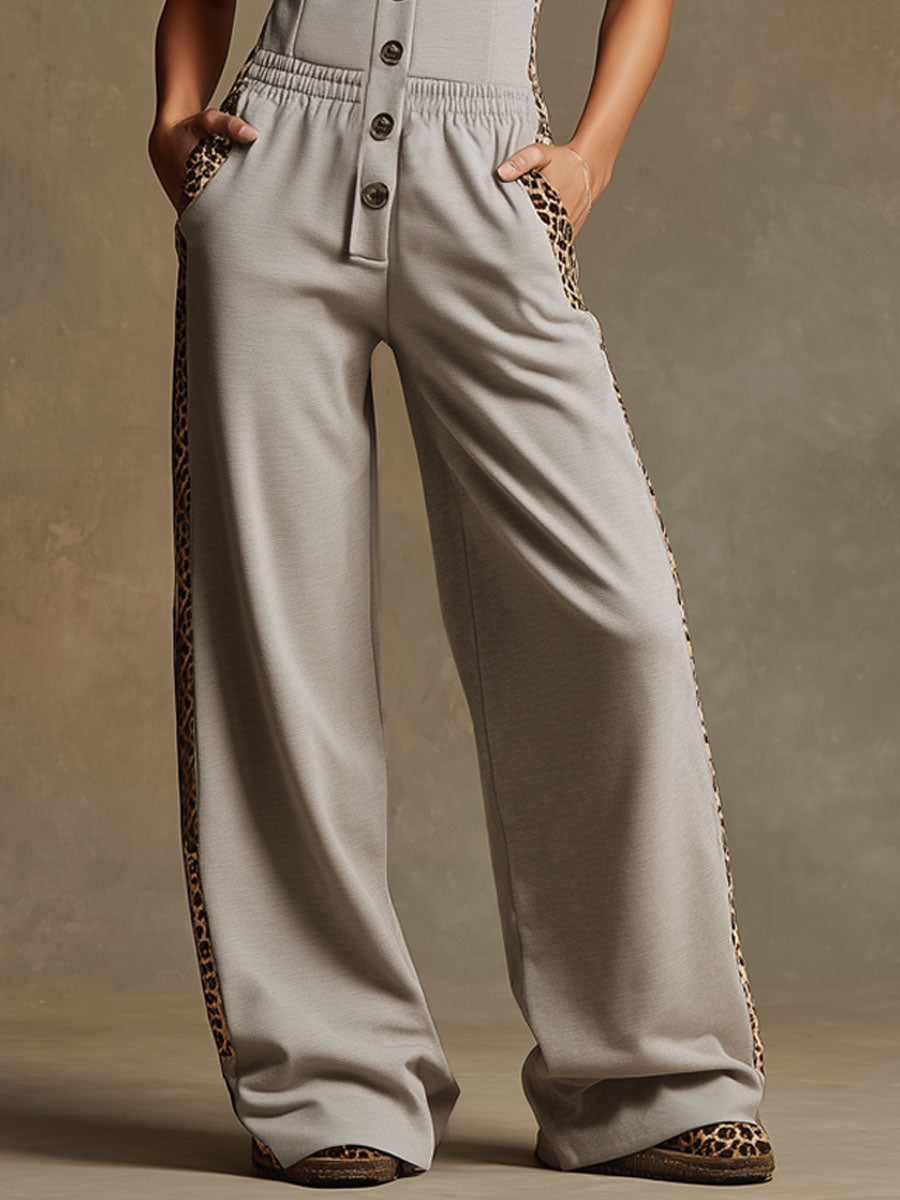 Sporty Retro Leopard Print Trim Gray Sleeveless Wide-leg Jumpsuit