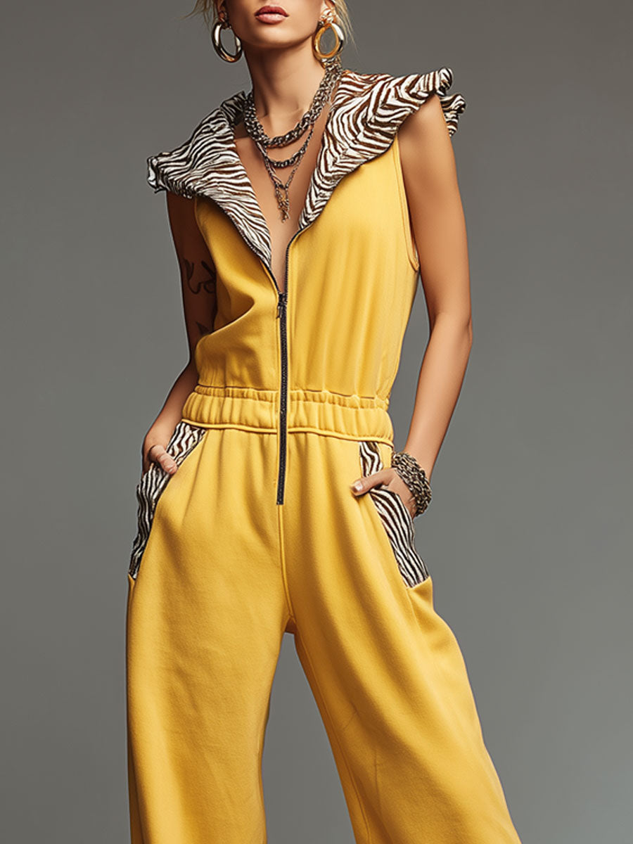 Sporty Retro Velvet Zebra Print Collar Yellow Cotton Blend Sleeveless Jumpsuit