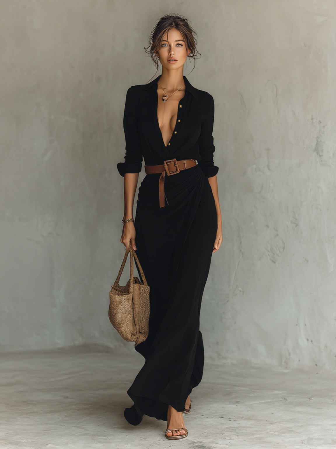 Ladies Lapel Single Breasted Long Sleeve Belted Maxi Dress MDA1500G4Y