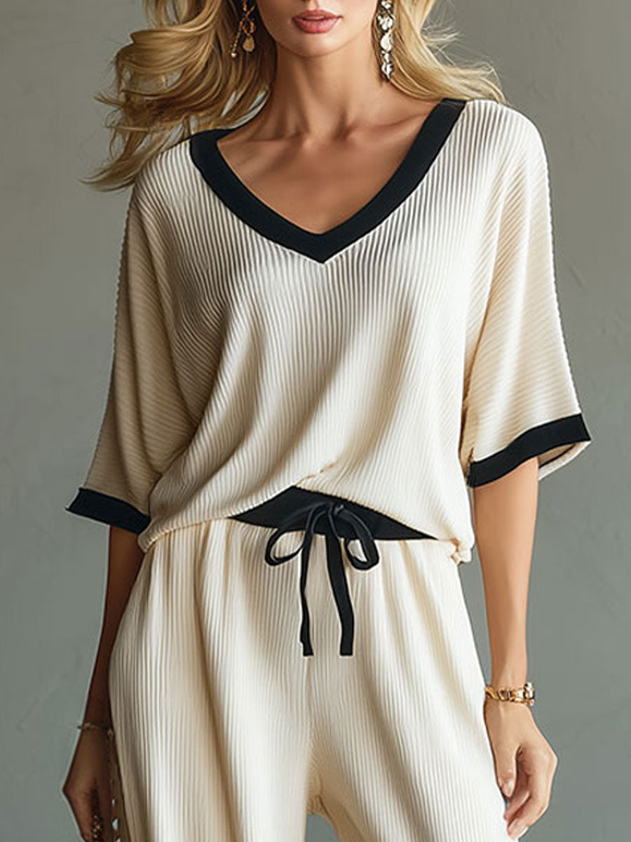 Casual Sporty Color-blocked Short-sleeved Knit Top And Pants Set