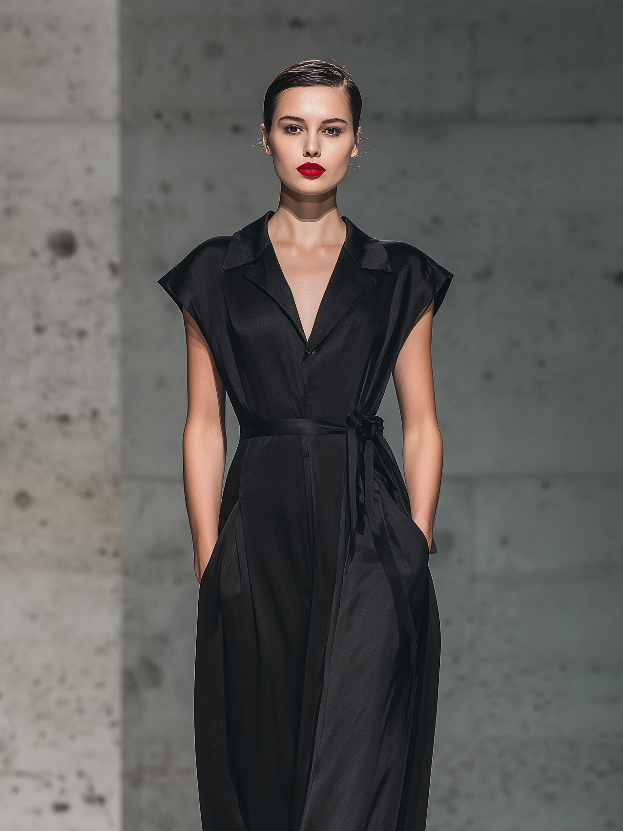 Women's Elegant Black Satin Short-sleeved Shirt Dress With Collar And Belt MDZ0674A2AN