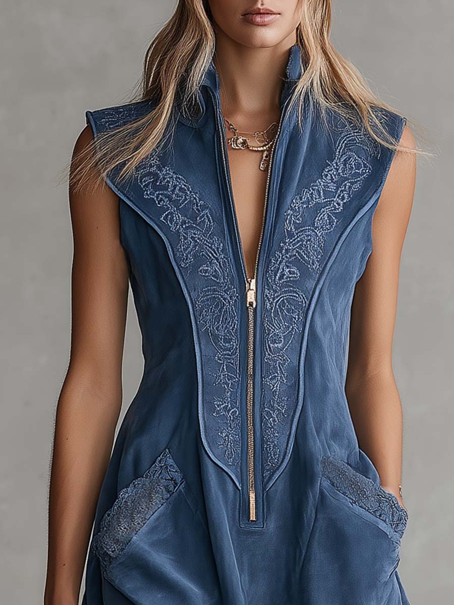 Western Vintage Embroidered V-neck Front-zip Ruffled Hem Gray-blue Faux Suede Mini Dress