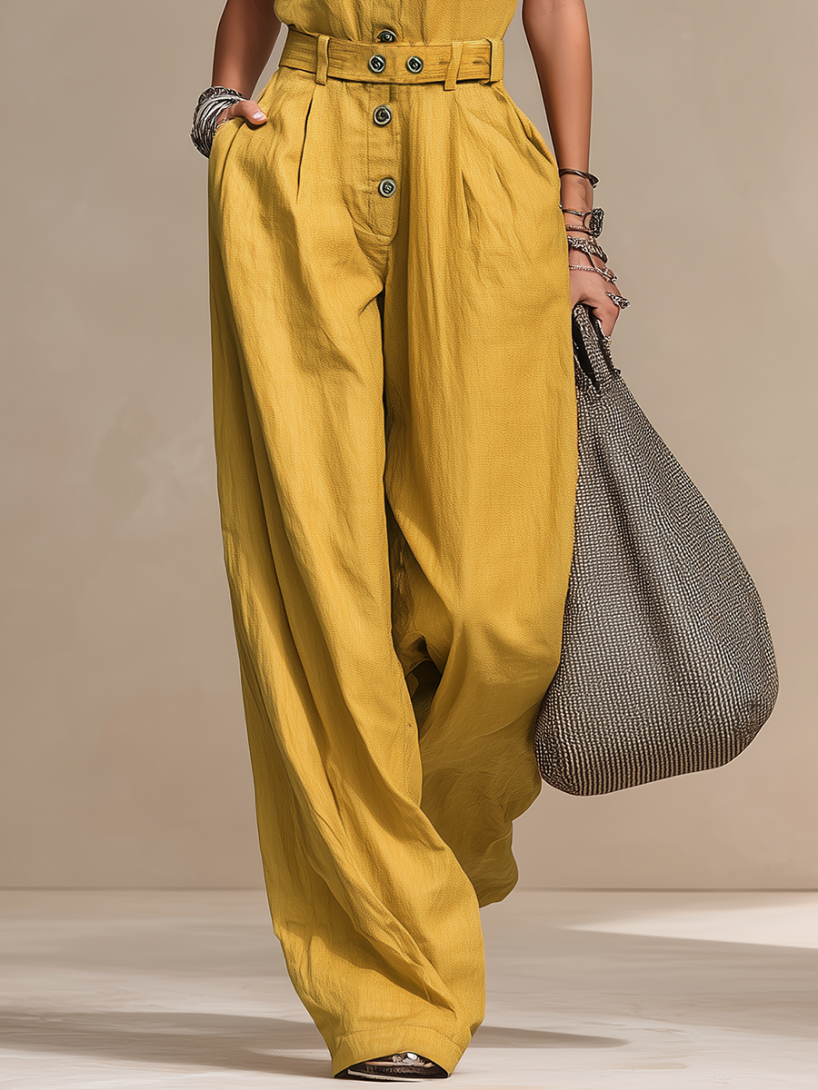 Retro Stand-collar Button-front Sleeveless Cotton And Linen Jumpsuit