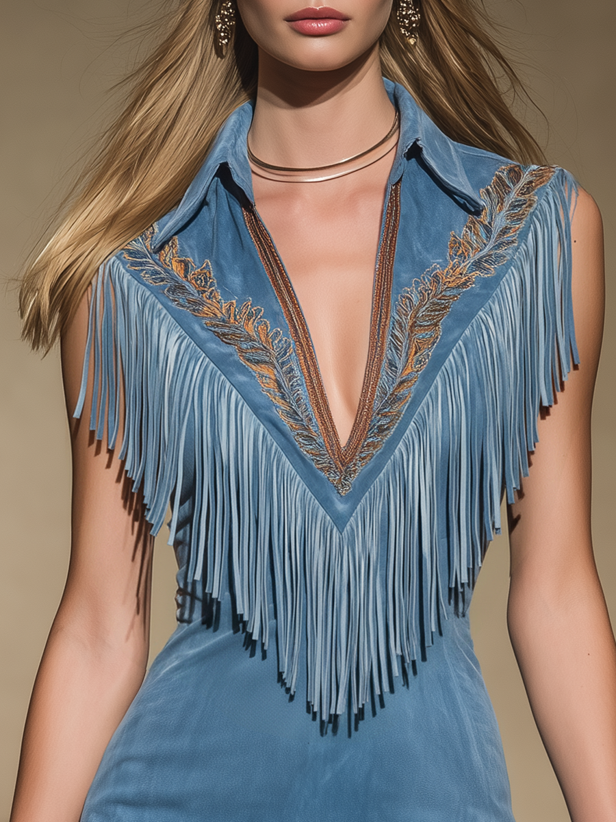 Western-style Embroidered Fringed Sleeveless Faux Suede Mini Dress