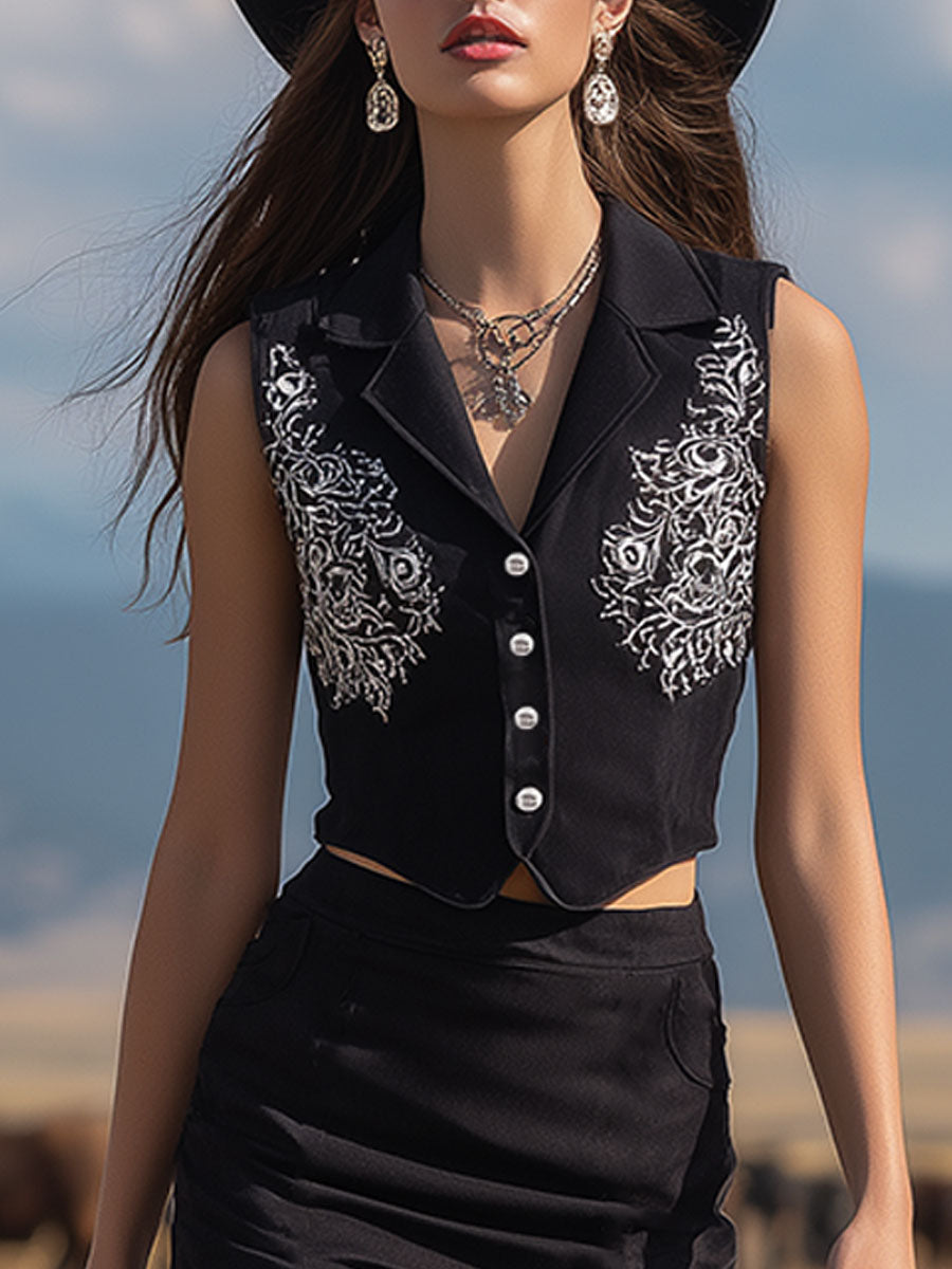 Western Retro Embroidered Black Vest And Skirt Set