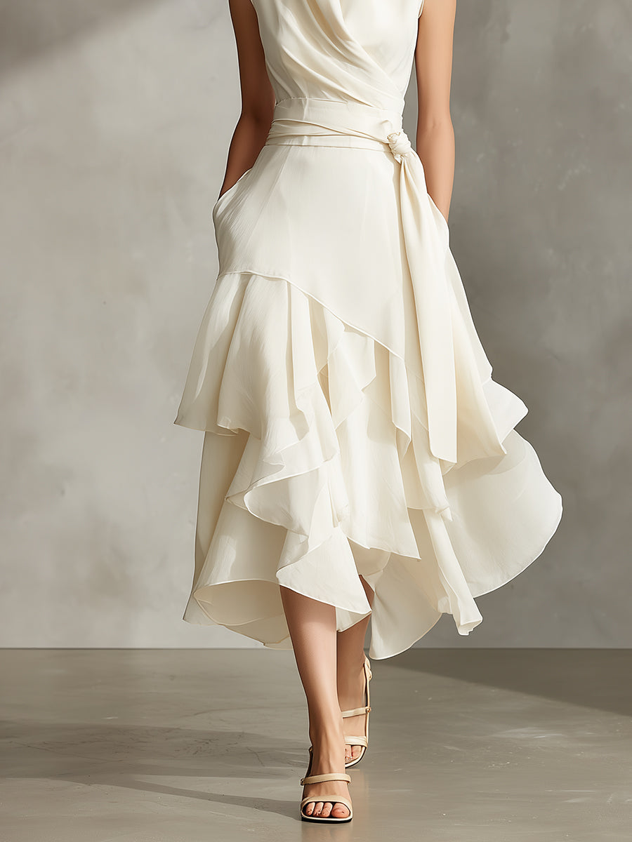 Women's Ivory Satin Dress With Wrap Collar & Ruffled Asymmetric Skirt, Timeless Romantic-Luxe Style Dress MDZ1462A2I