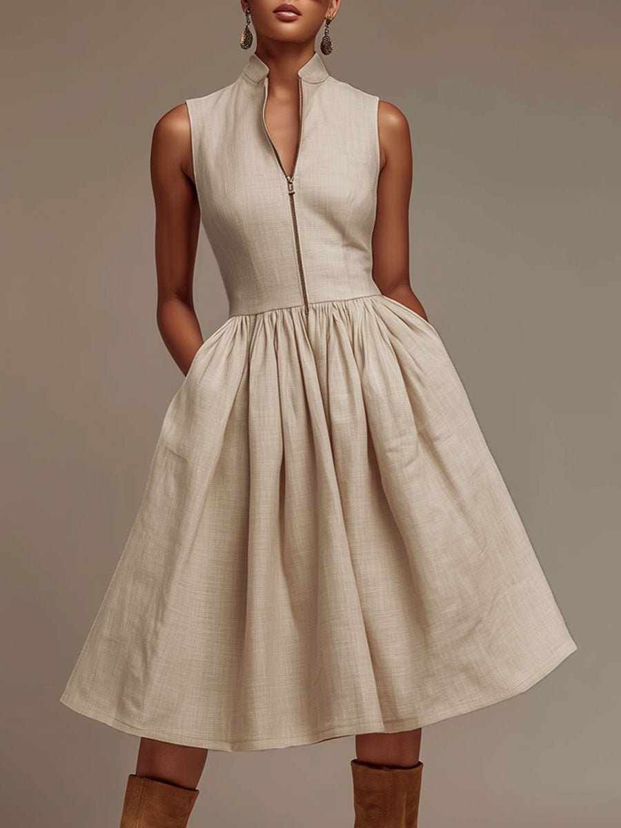 Retro-chic Light Khaki Cotton Linen Sleeveless A-line Midi Dress