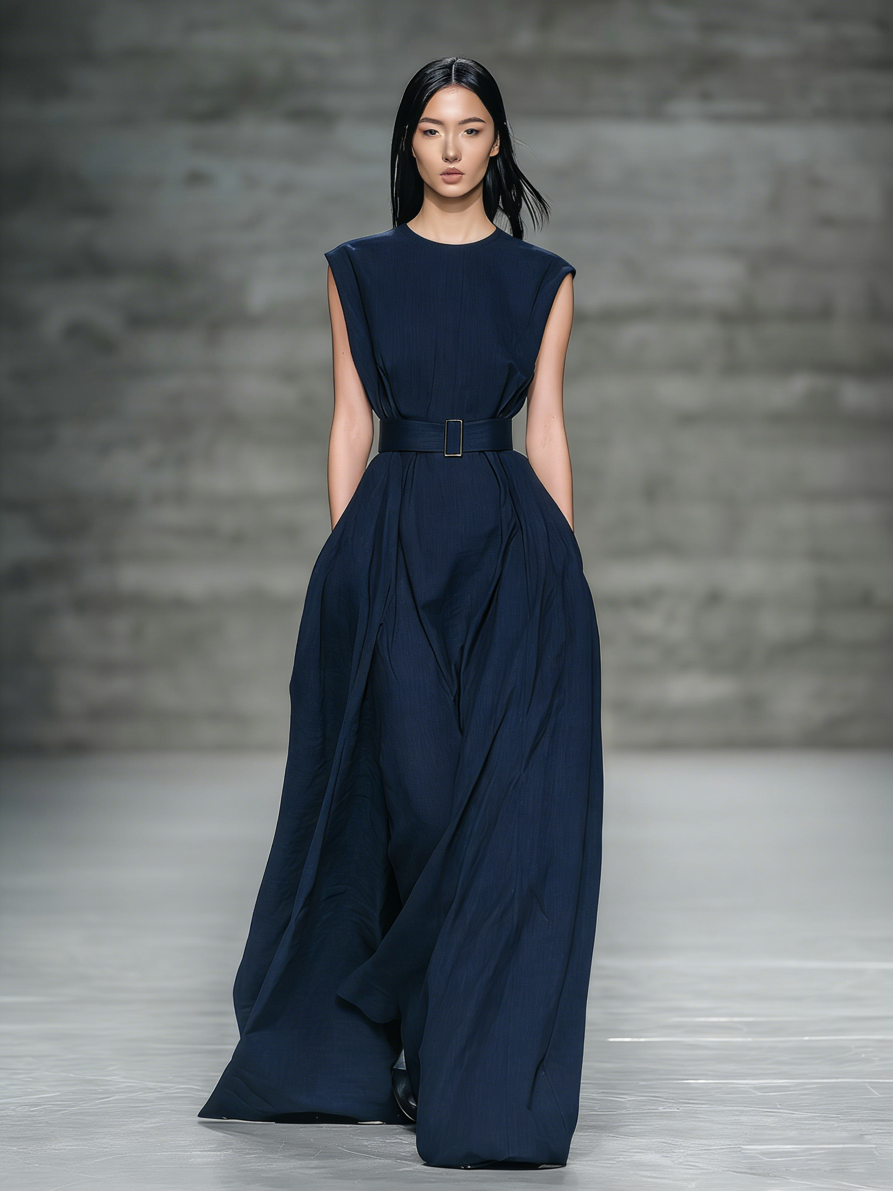 Women's Stylish Dark Blue Denim-look Fabric Round Neck Sleeveless Maxi Dress With Belt MDZ0626A2AN