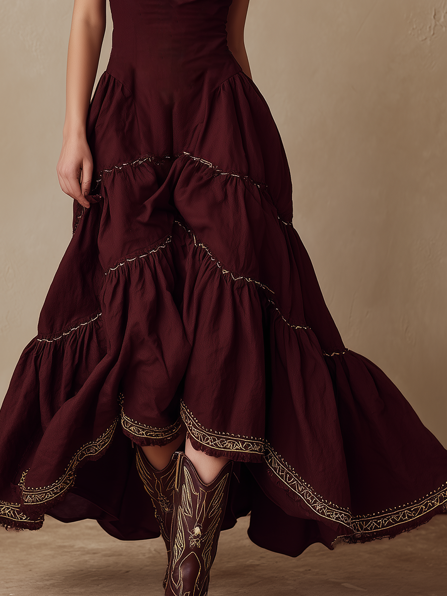 Stylish Western-style Gold Woven Trim Sleeveless Deep Red Maxi Dress