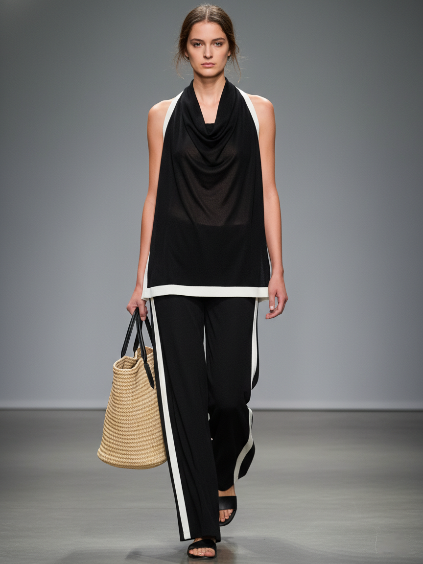 Women's Minimalist Sheer Knit Sleeveless Blouse  And Straight-leg Pants Set MDZ1417A3Y