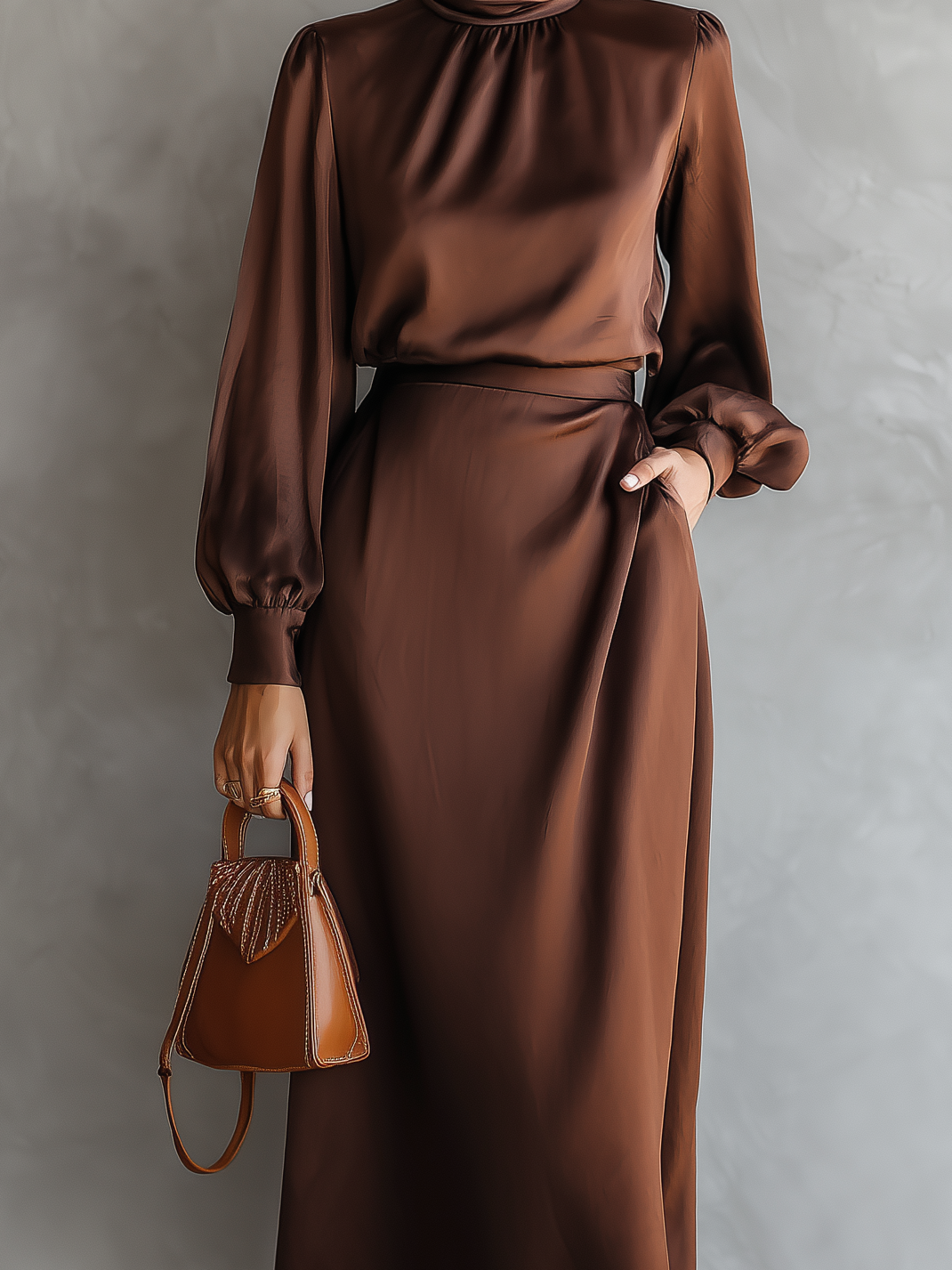 Women's Elegant Brown Satin Round Neck Long Sleeve Loose Midi Dress MDA2301L2AN