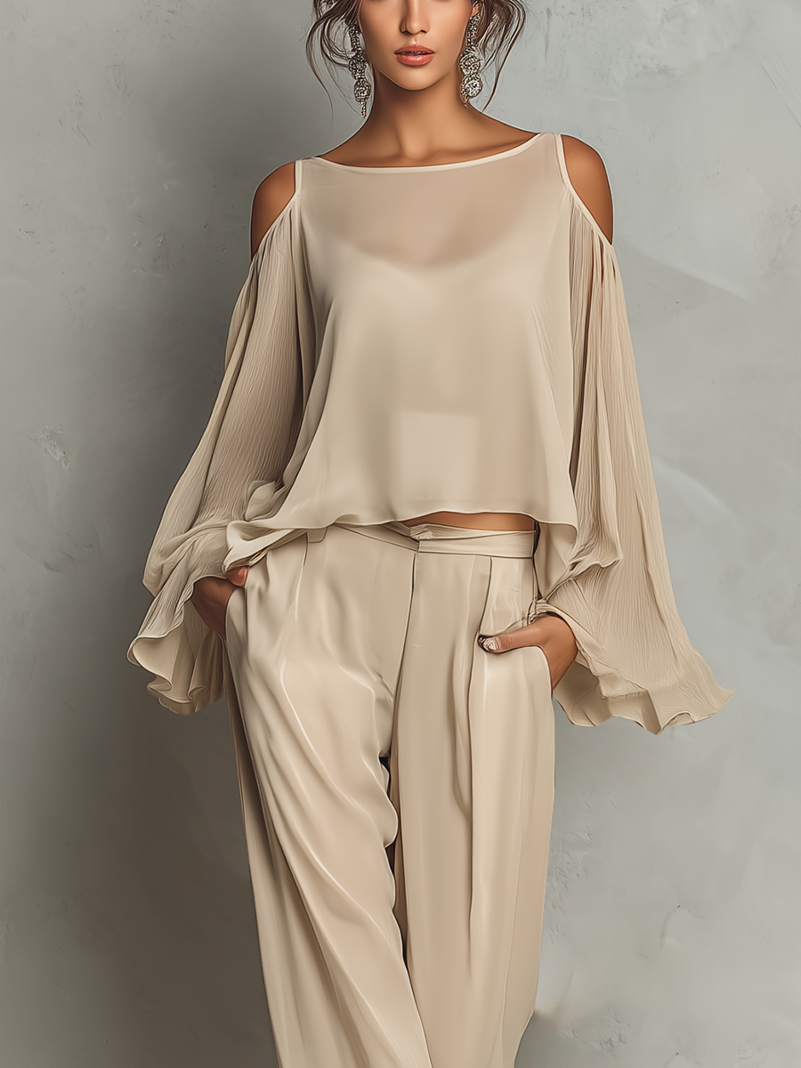 Women's Beige Chiffon Cold-Shoulder Blouse With Flared Sleeves & Wide-Leg Pants Set MDZ1233A2T
