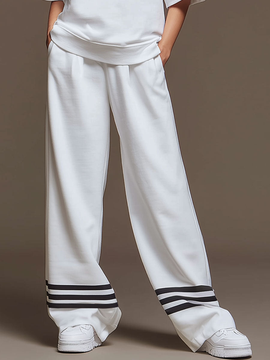 Casual Sporty Retro Striped White Cotton Short-Sleeve T-Shirt And Wide-Leg Pants Set
