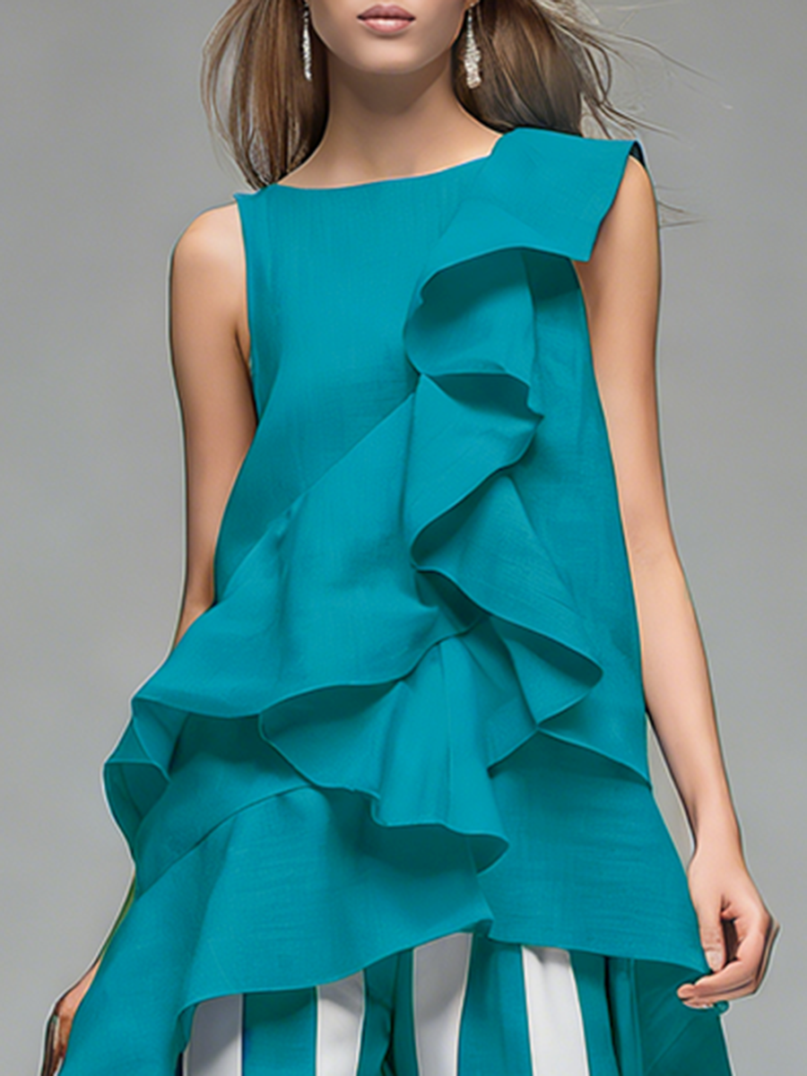 Stylish And Casual Round Neck Ruffled Sleeveless Top And Striped Trousers Set