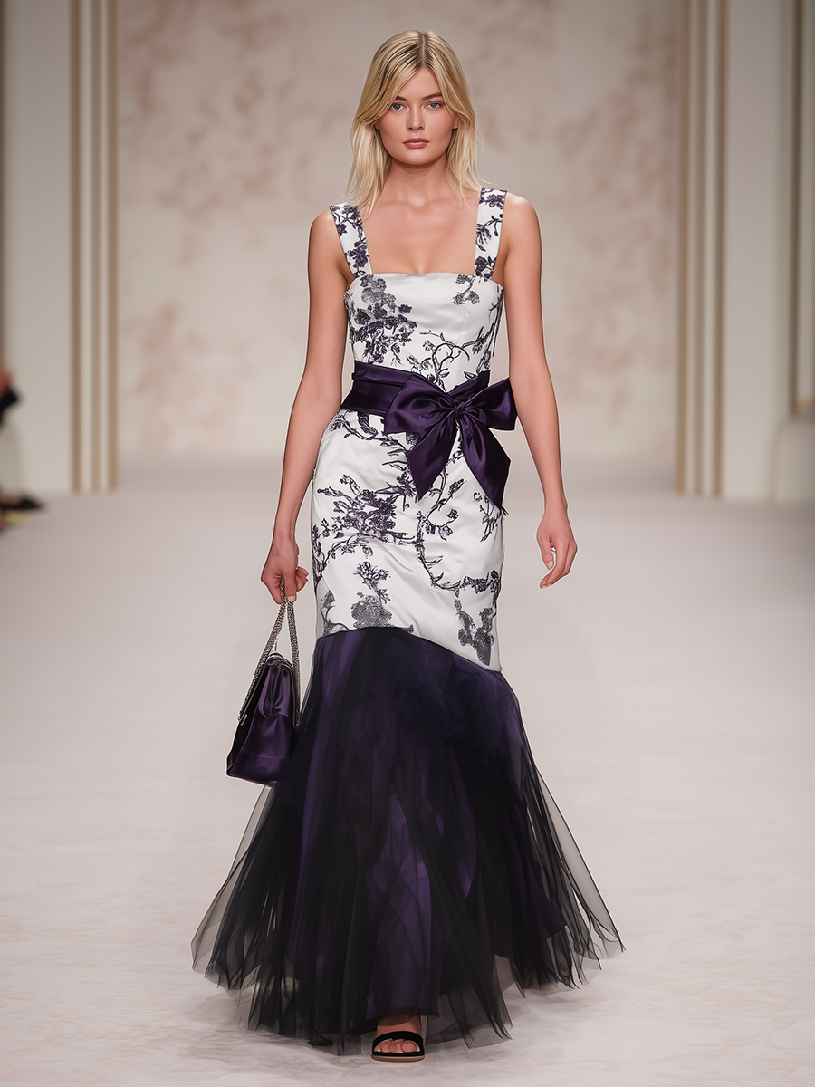 Elegant Retro Square Neck Sleeveless Printed Satin Maxi Dress