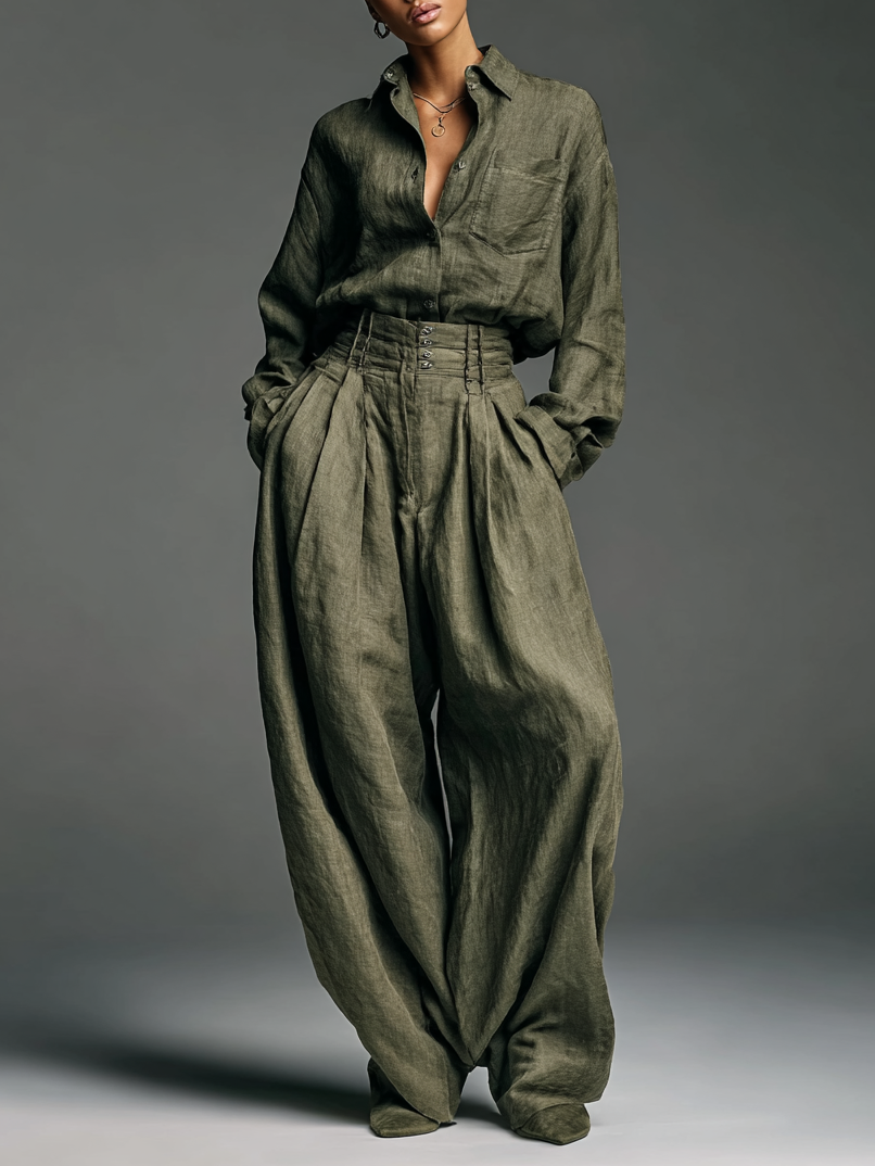 Women's Fashion Cotton And Linen Blended Long Sleeve Shirt Wide Leg Pants Two-Piece Set MDA3076G5Y
