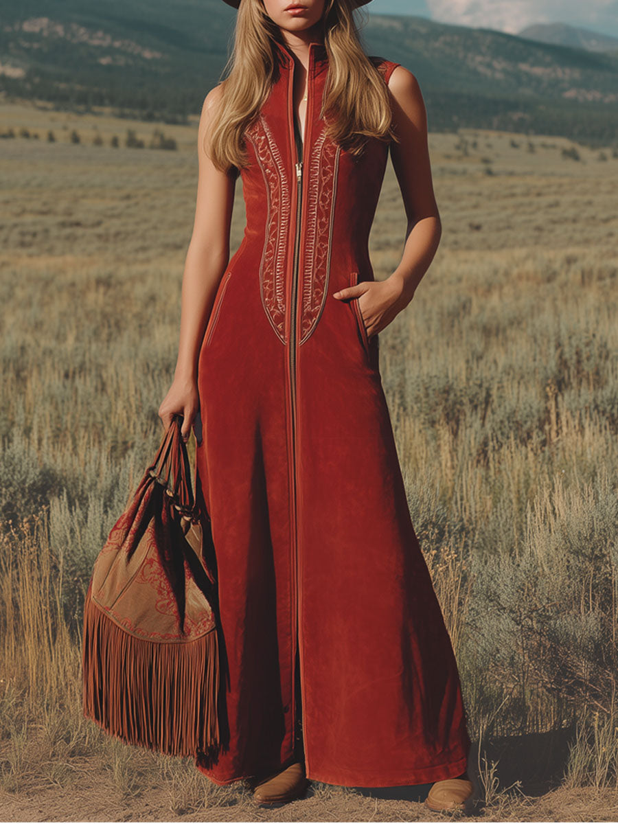 Western-style Stand-collar Long-zipper Embroidered Faux Suede Sleeveless Maxi Dress
