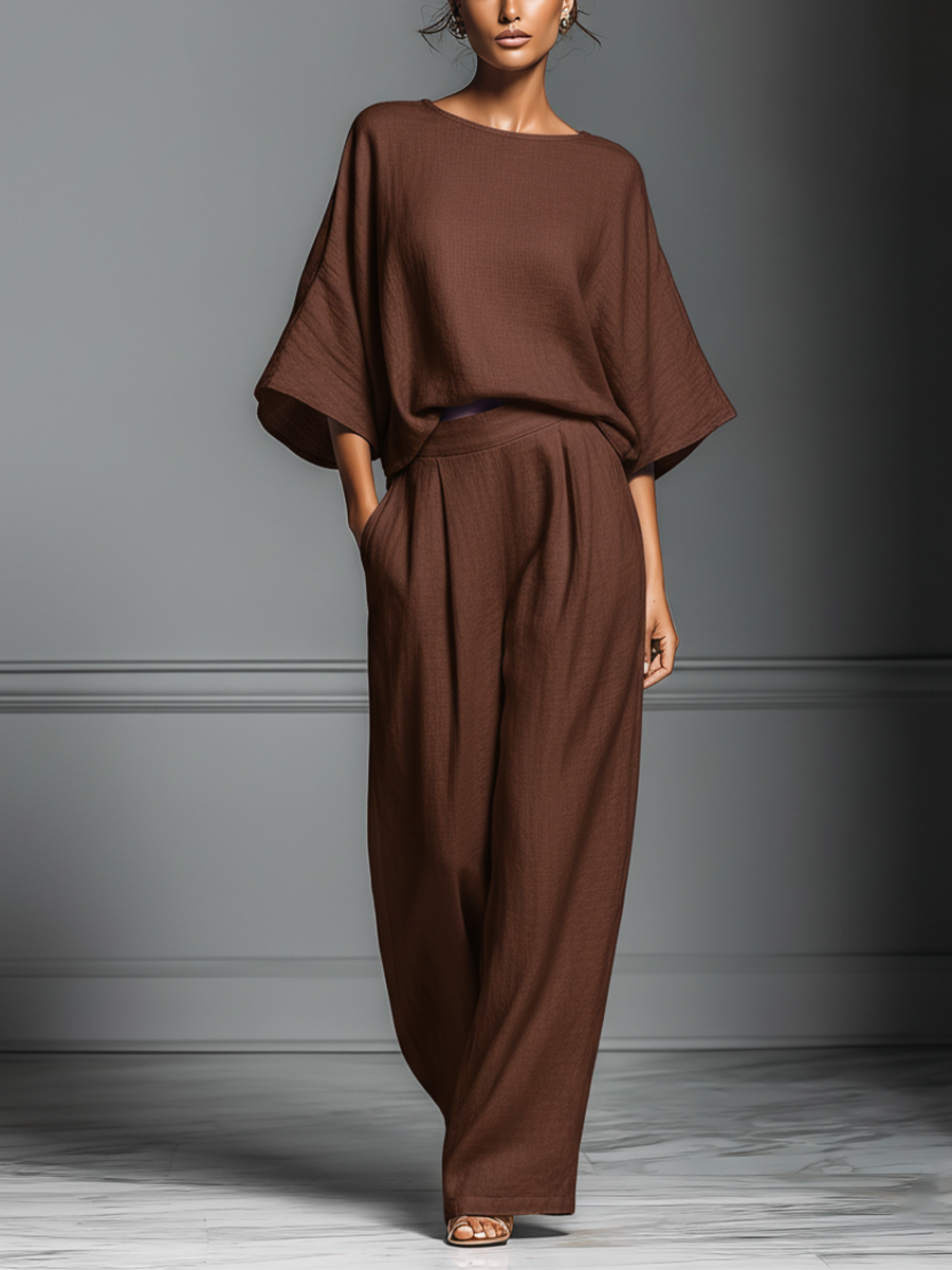 Women's Brown Cotton And Linen Blend Oversized Short-Sleeve Blouse & Wide-Leg Pants Set MDZ1319A4T