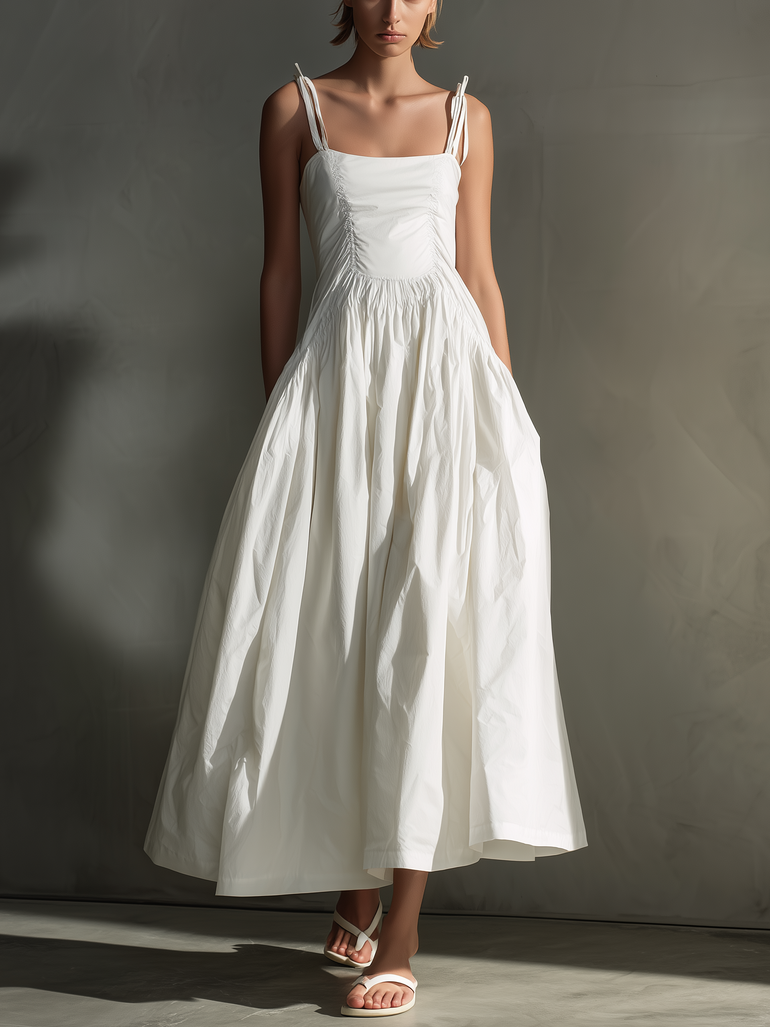 Women's Elegant White Woven Sleeveless Slip Dress With Elasticated And Ruched Waist MDZ0931A0AN