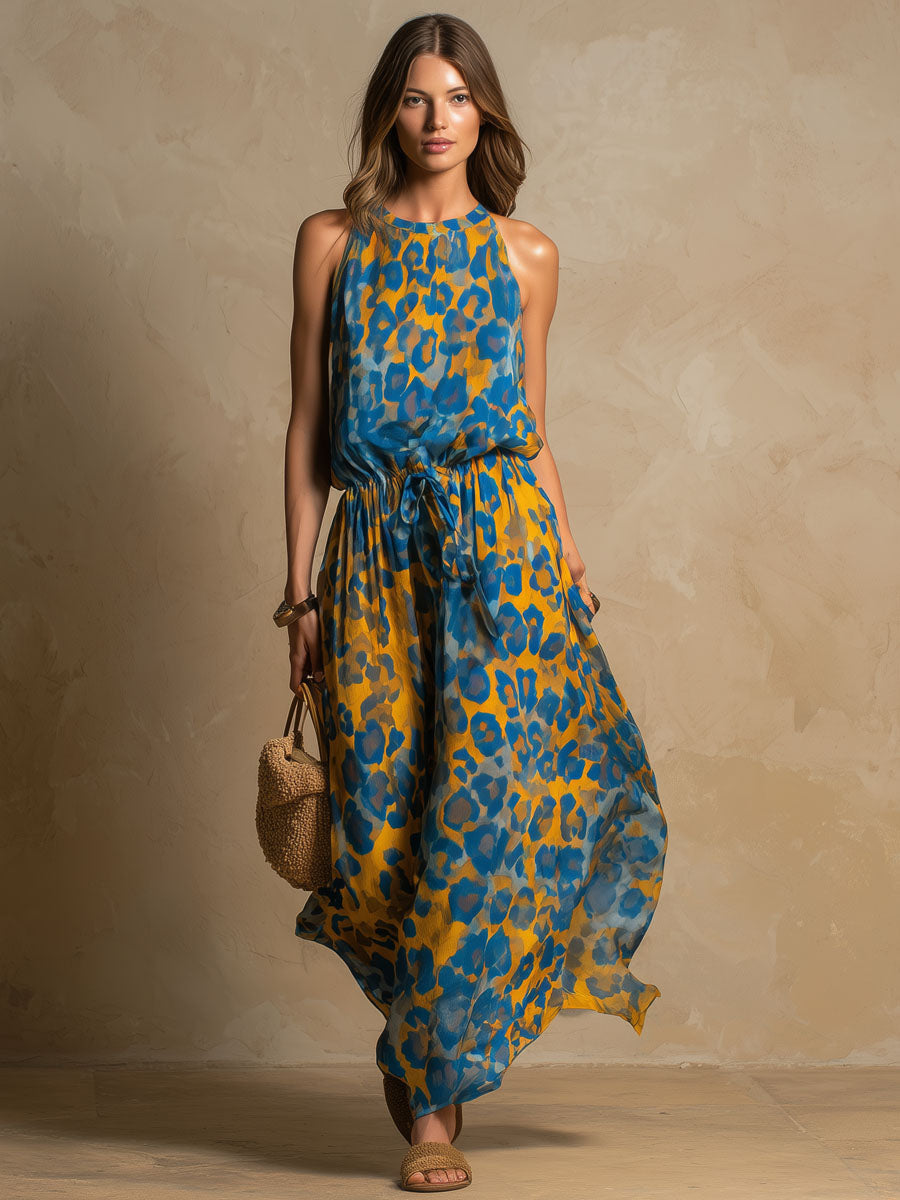 Leopard Print Round-neck Chiffon Sleeveless Maxi Dress