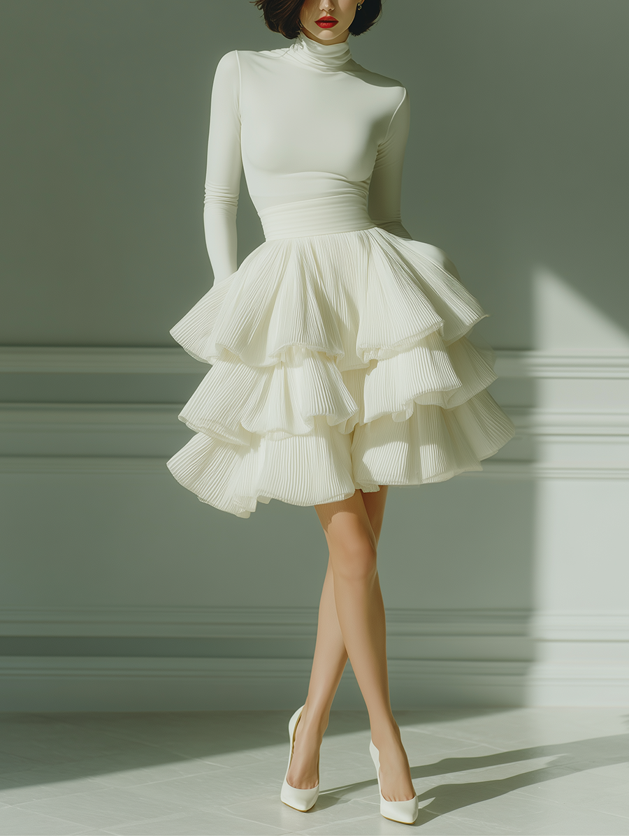 Women's White Stretch Knit Fabric Turtleneck Long-Sleeve Top & Chiffon Tiered Pleated Mini Skirt Set MDZ0642A7T