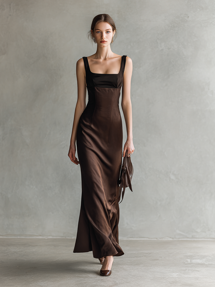 Women's Vintage Black And Brown Satin Square-neck Patchwork Sleeveless Midi Dress MDZ1566A9BA