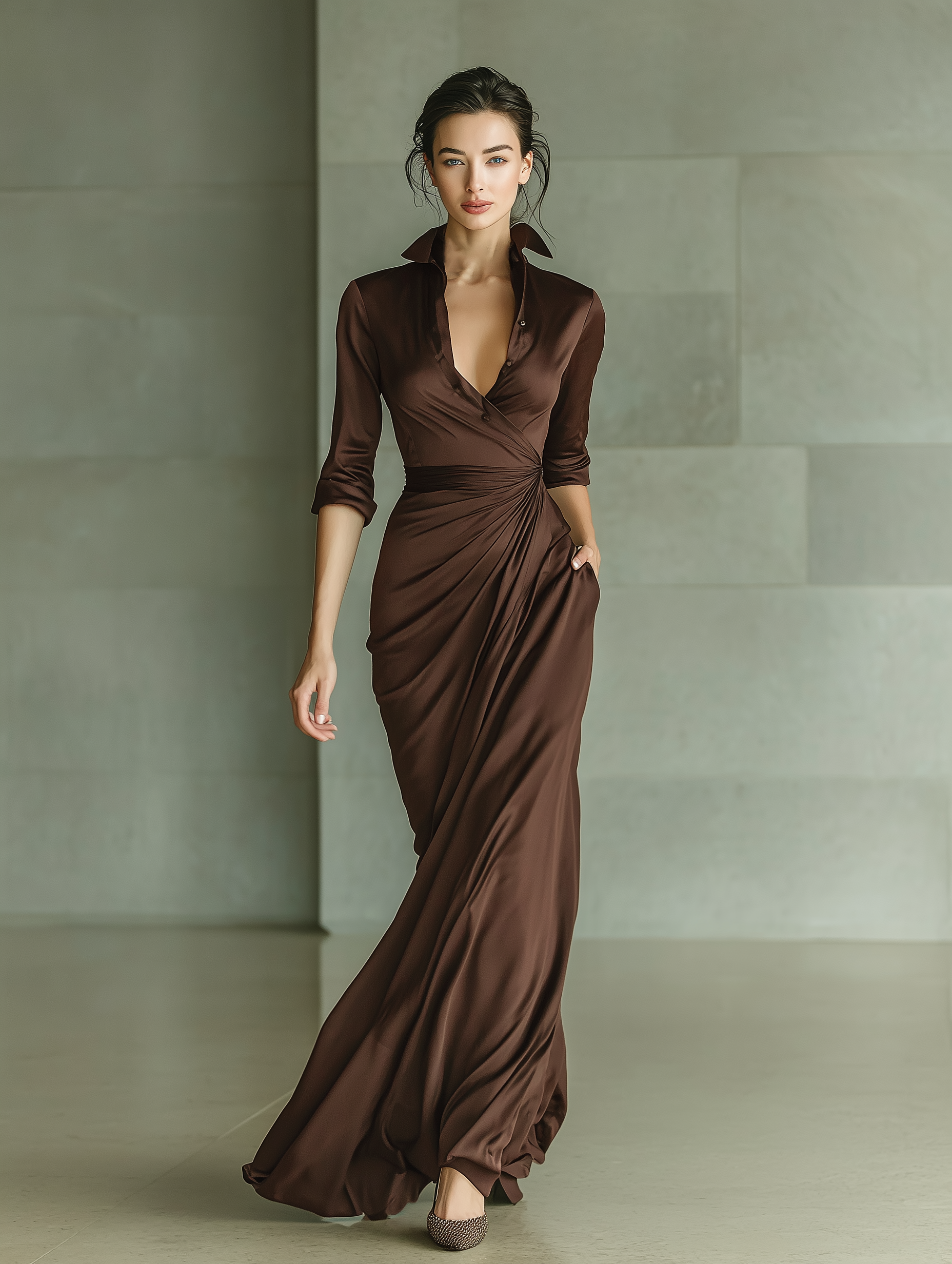 Women's Chocolate Satin Fabric Collared Three-Quarter Sleeve Maxi Dress With Ruched Detail MDZ0813A8T