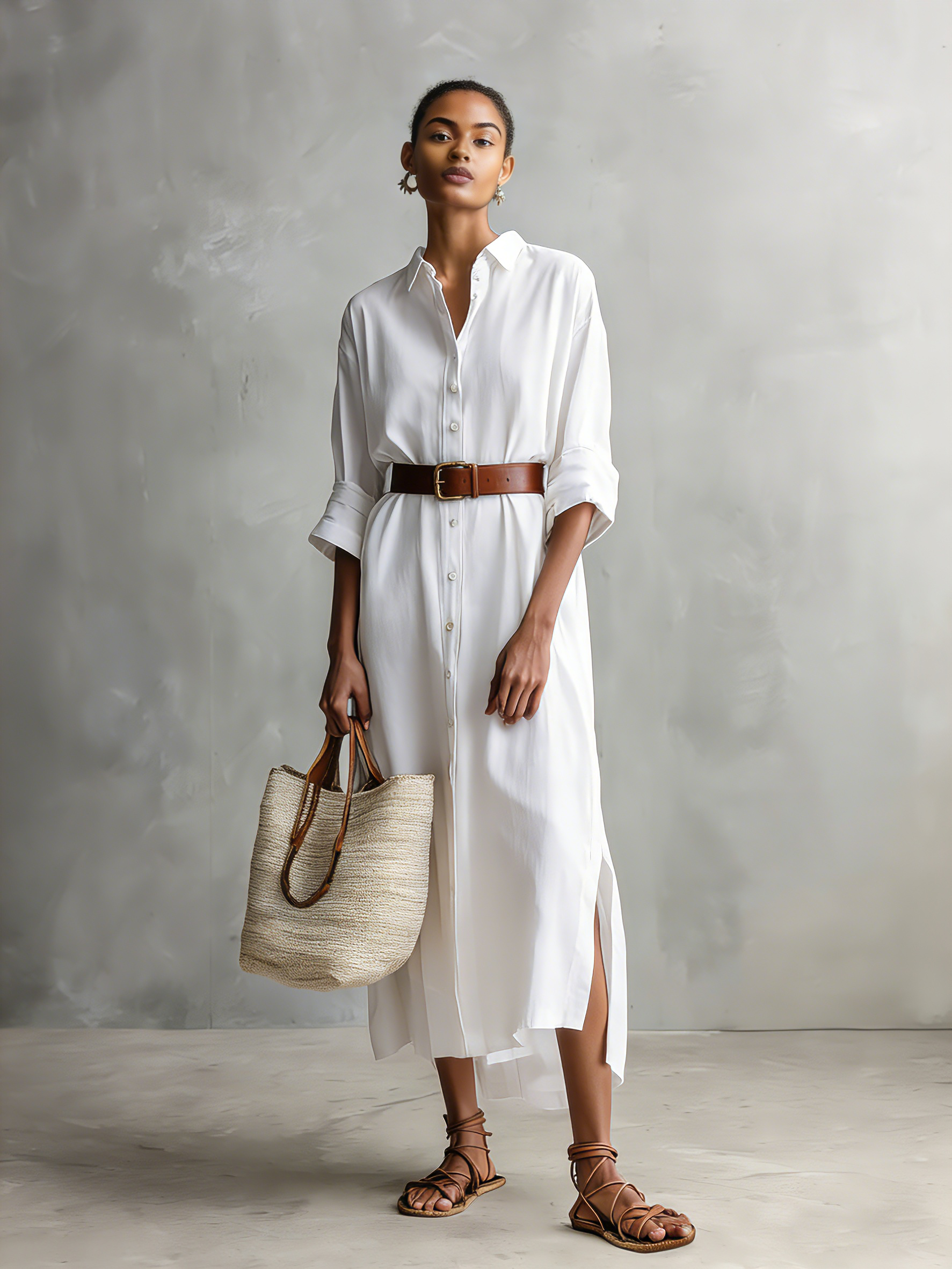 Women's Elegant White Woven Loose-fitting Long-sleeved Midi Dress (belt Not Included) MDZ1578A1AN