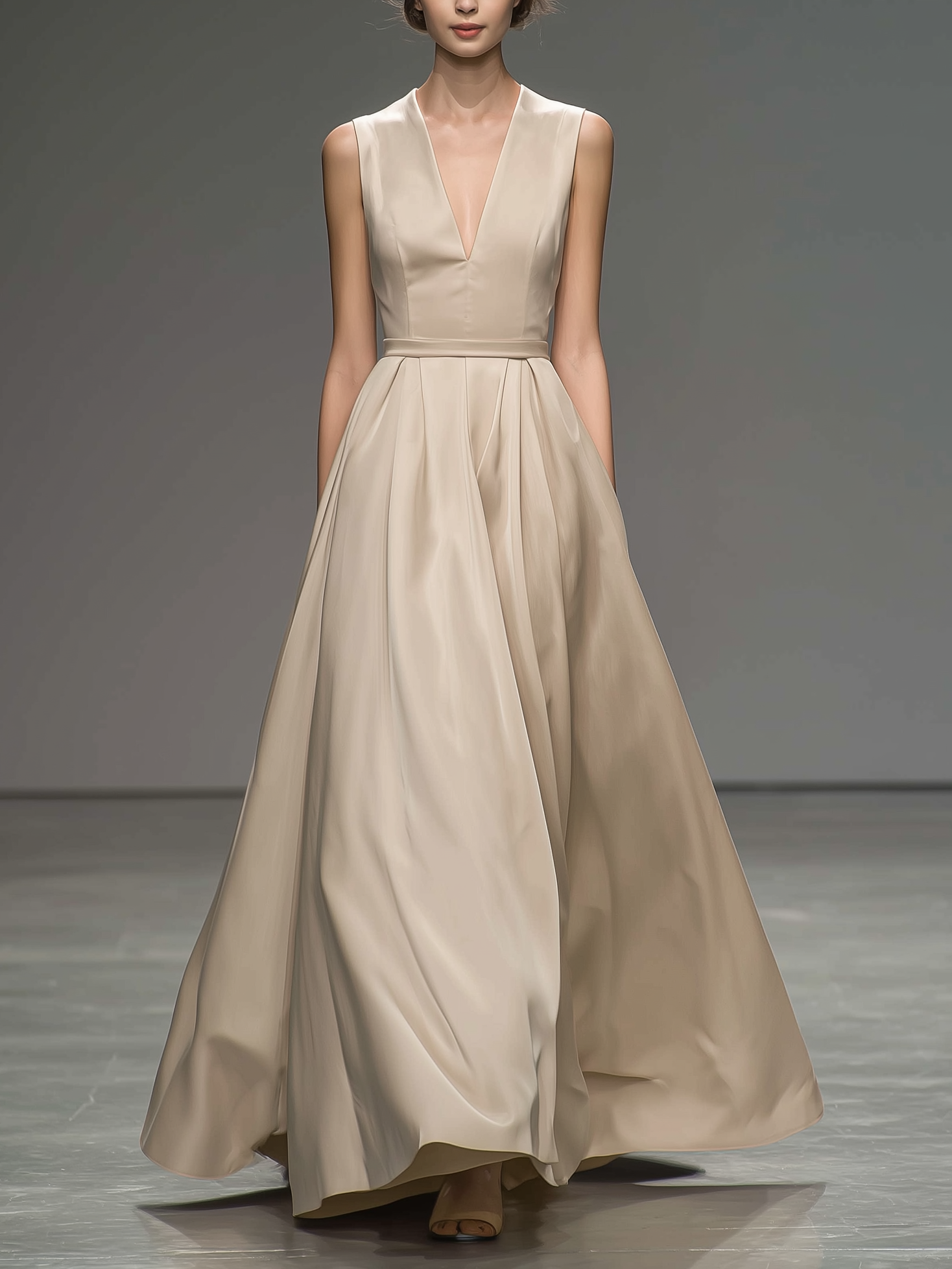 Women's Elegant Champagne-colored Satin Sleeveless V-neck Fitted Long Dress MDA2614L1AN