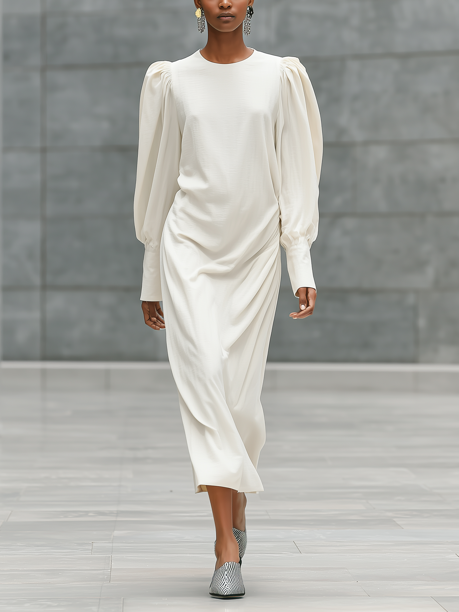 Women's Casual White Cotton And Linen Round Neck Loose Long-sleeved Maxi Dress MDZ1210A8AN