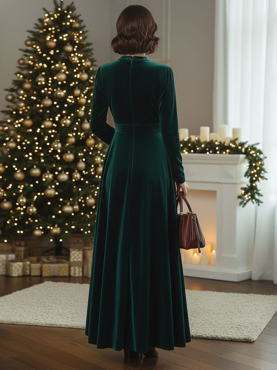 【24-hour shipping out】Stand Collar Loose Party Pocket Solid Velvet Long Sleeve Maxi Dress
