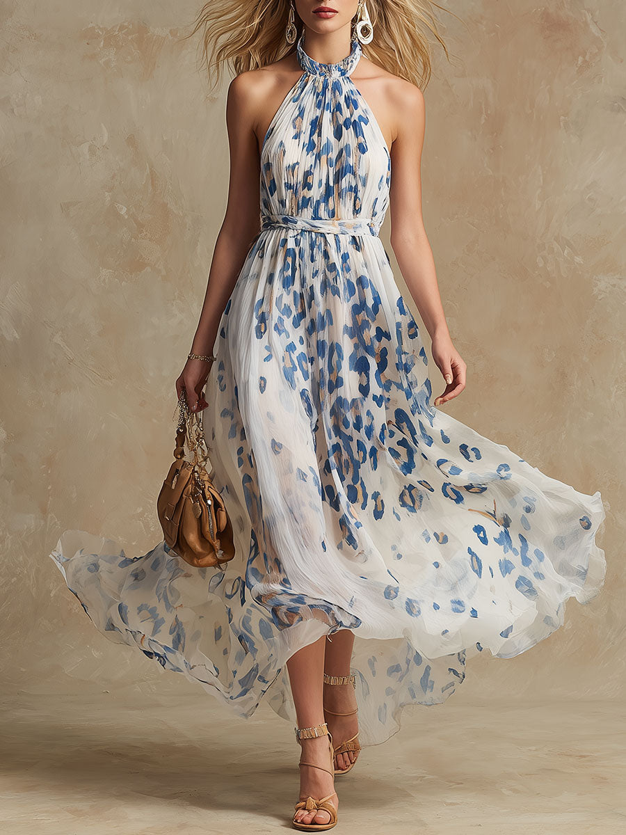 Elegant Retro Blue Leopard Print White Chiffon Maxi Dress