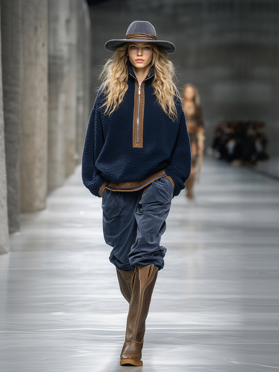 Retro And Fashionable Brown Trim Blue Teddy Fleece Sweatshirt