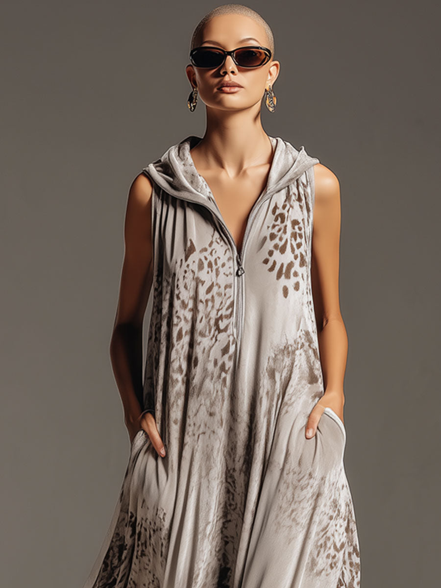 Western Retro Leopard Print Gray Velvet Hooded Maxi Dress