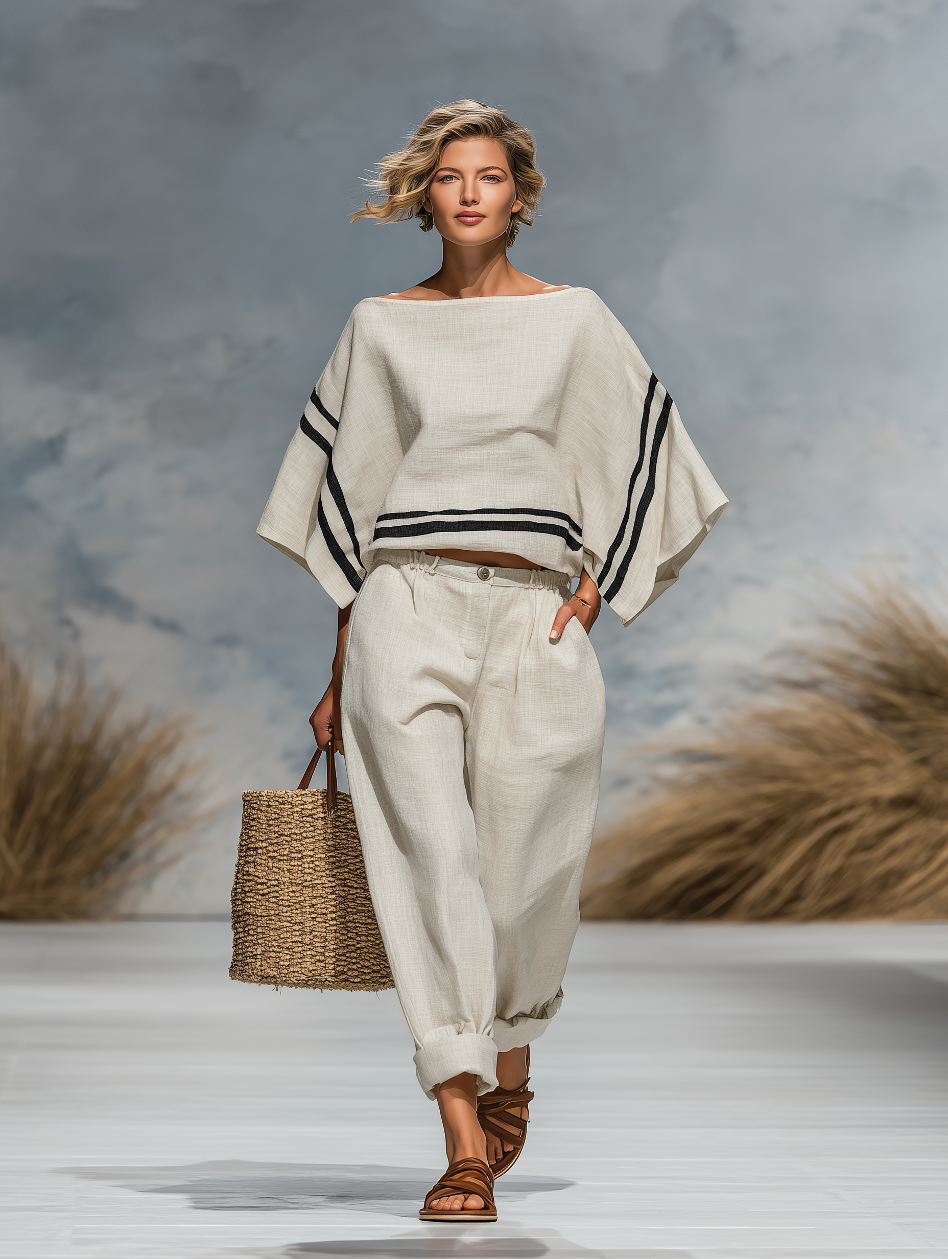 Women's Minimalist Linen Blend Batwing Sleeve Blouse And Trousers Set MDZ1609A7Y