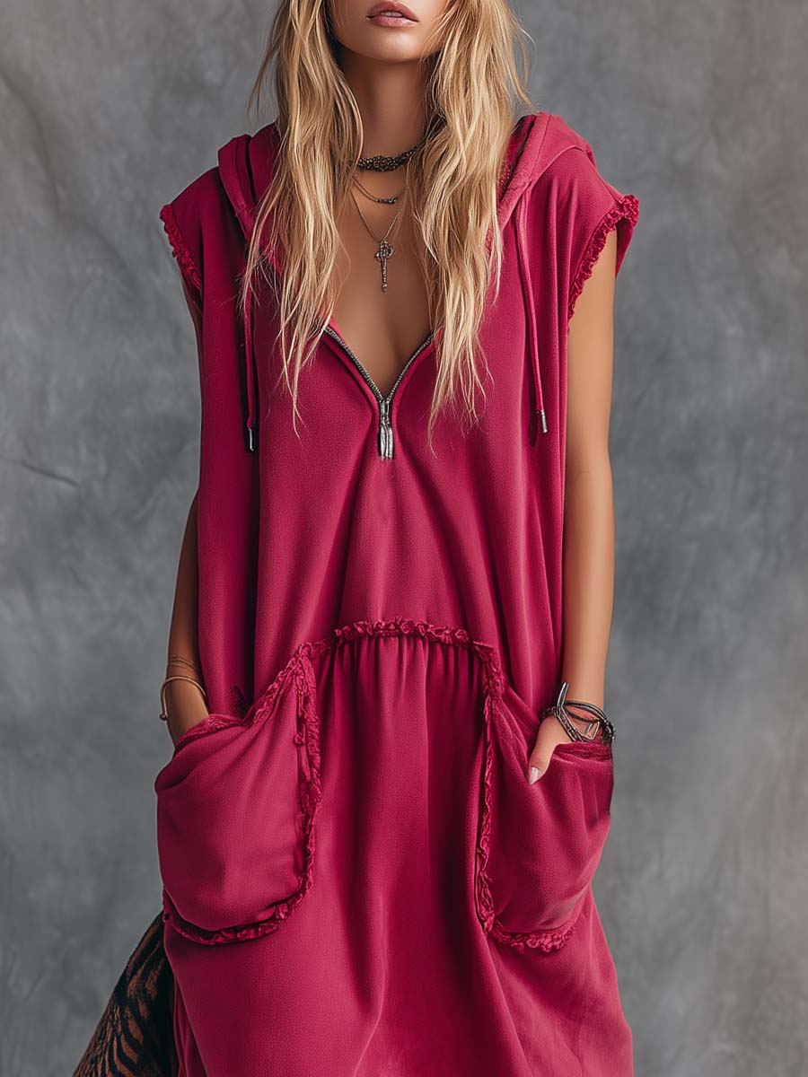 Vintage Casual Sporty Hooded V-neck Front Zip Lace Trim Sleeveless Raspberry Red Cotton Maxi Dress