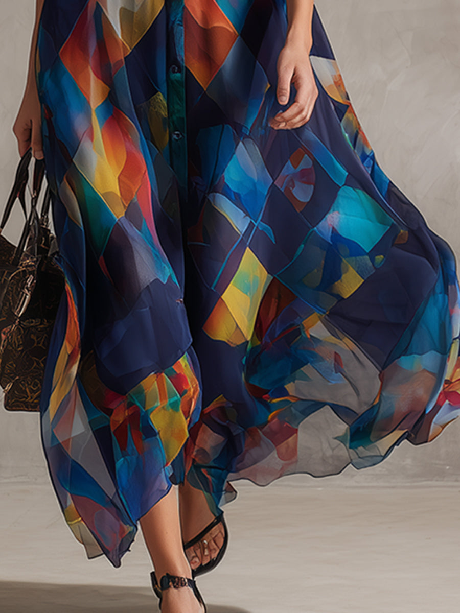 Elegant Urban Silhouette Navy Blue Checkered Print Chiffon Maxi Dress