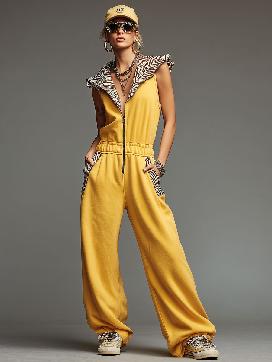 Sporty Retro Velvet Zebra Print Collar Yellow Cotton Blend Sleeveless Jumpsuit