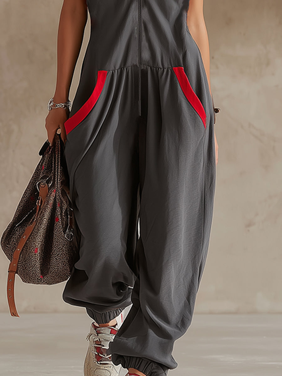 Sporty And Stylish Color-blocked Trim Dark Gray Hooded Sleeveless Jumpsuit
