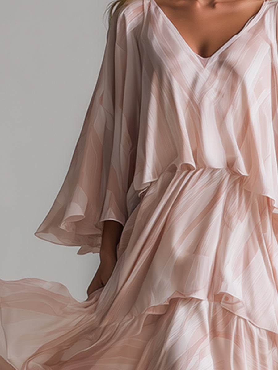 Elegant And Romantic Pink Floral Print Layered Flared Sleeved Maxi Dress
