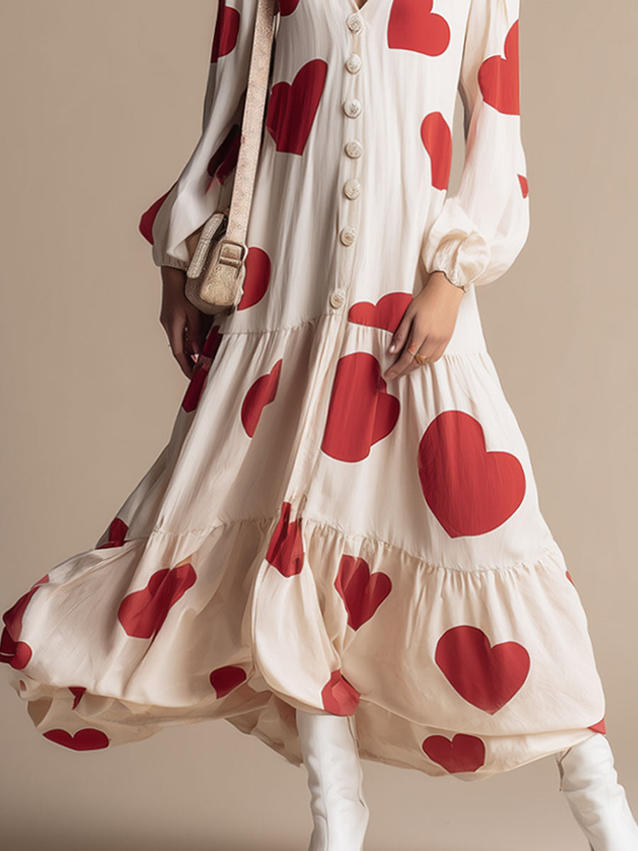V-neck Button-down Heart-print Ruffled Long-sleeved Maxi Dress