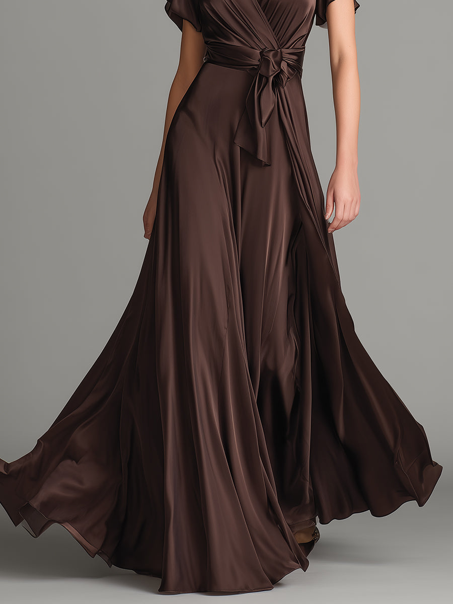 Women's Chocolate Satin Dress With Ruffled Sleeves & Wrap Detail, Timeless Romantic-Luxe Style Dress MDZ0974A4I