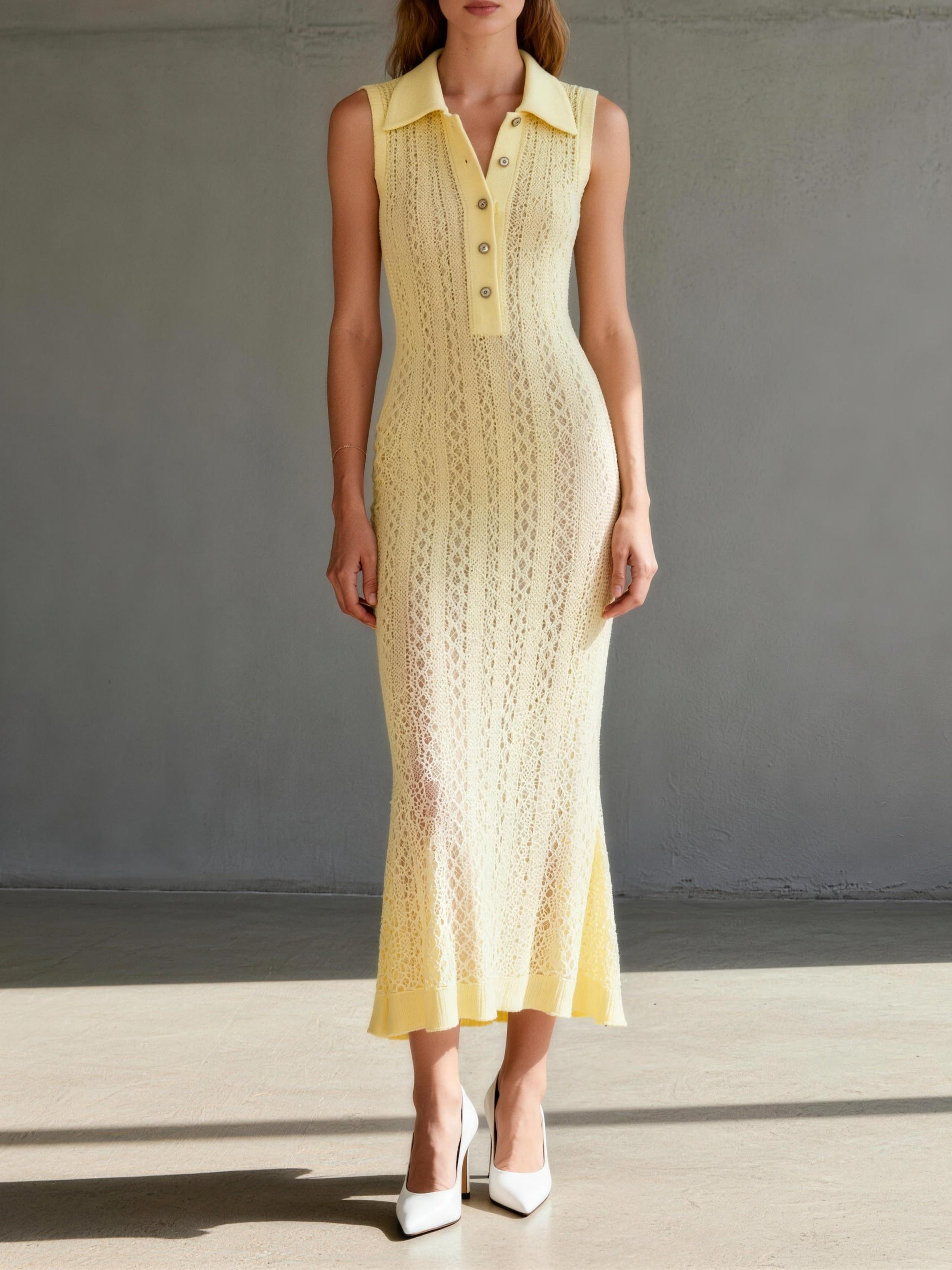 Women's Minimalist Knitted Shirt-collar Sleeveless Maxi Dress MDZ0559A0Y