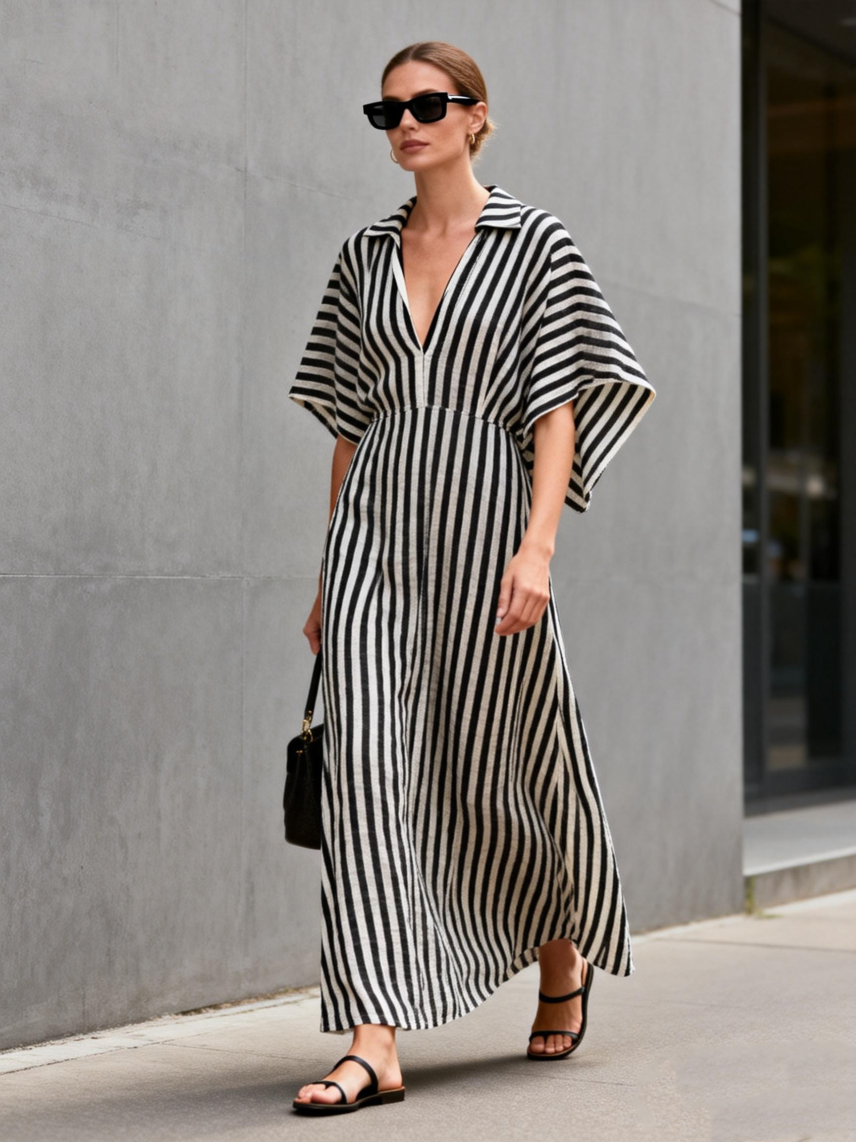 Women's Minimalist Loose-fitting Striped Linen Blend Short-sleeved Maxi Dress MDZ0566A4Y