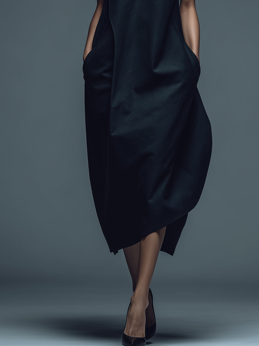 Women's Black Structured Woven Dress With Sleeveless Silhouette & Side Pockets, Timeless Minimalist-Chic Style Dress MDZ1302A2I