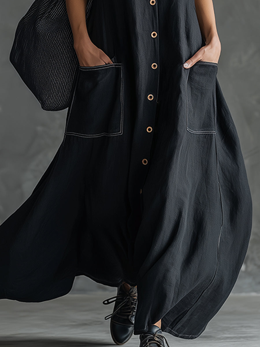 Elegant And Classic Black Cotton And Linen Sleeveless Maxi Dress