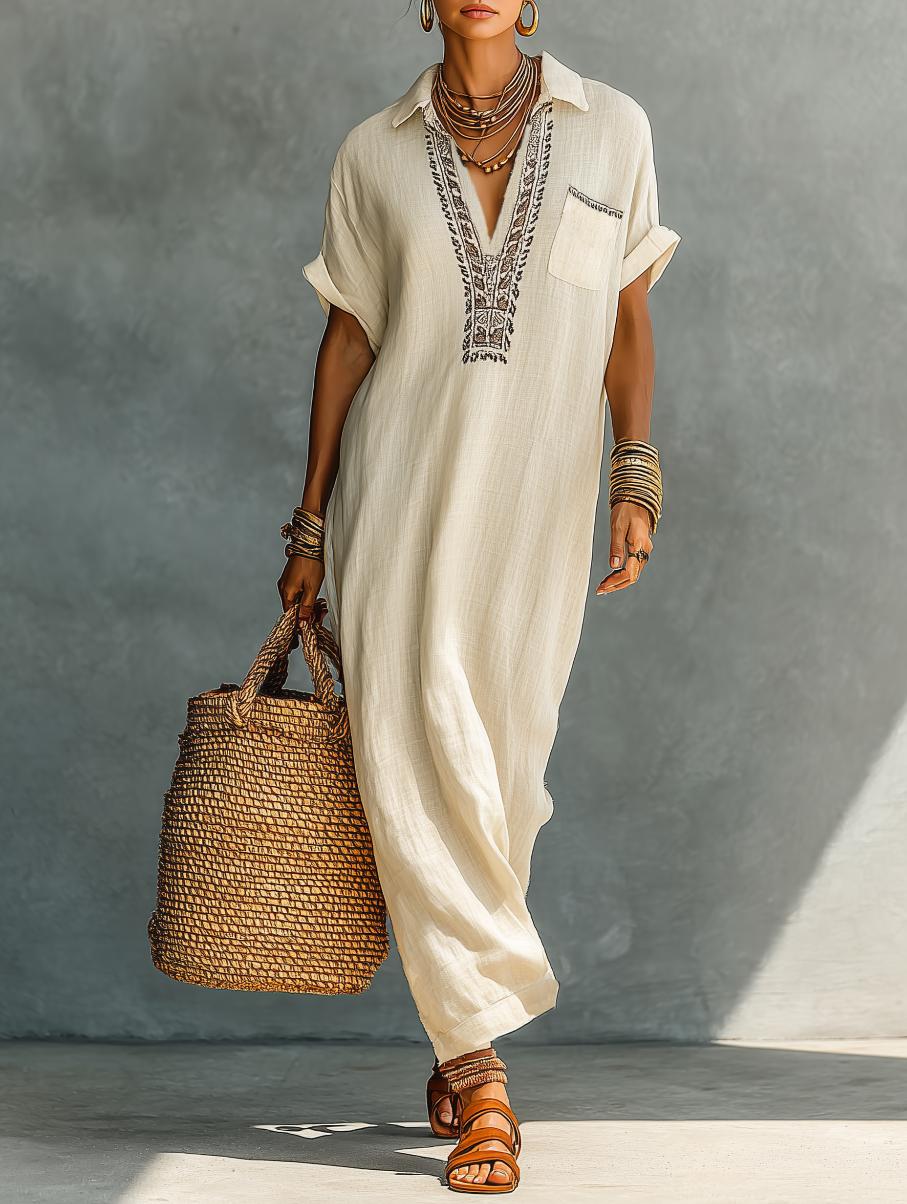 Women's Minimalist Linen-blend Embroidered Maxi Dress MDZ0685A0Y
