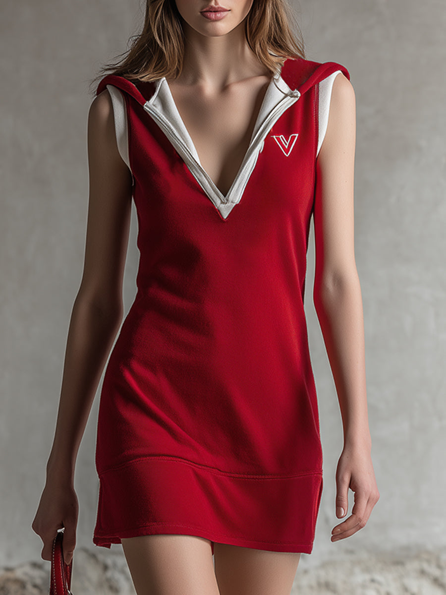 Retro Sporty Red Cotton Hooded Sleeveless Mini Dress
